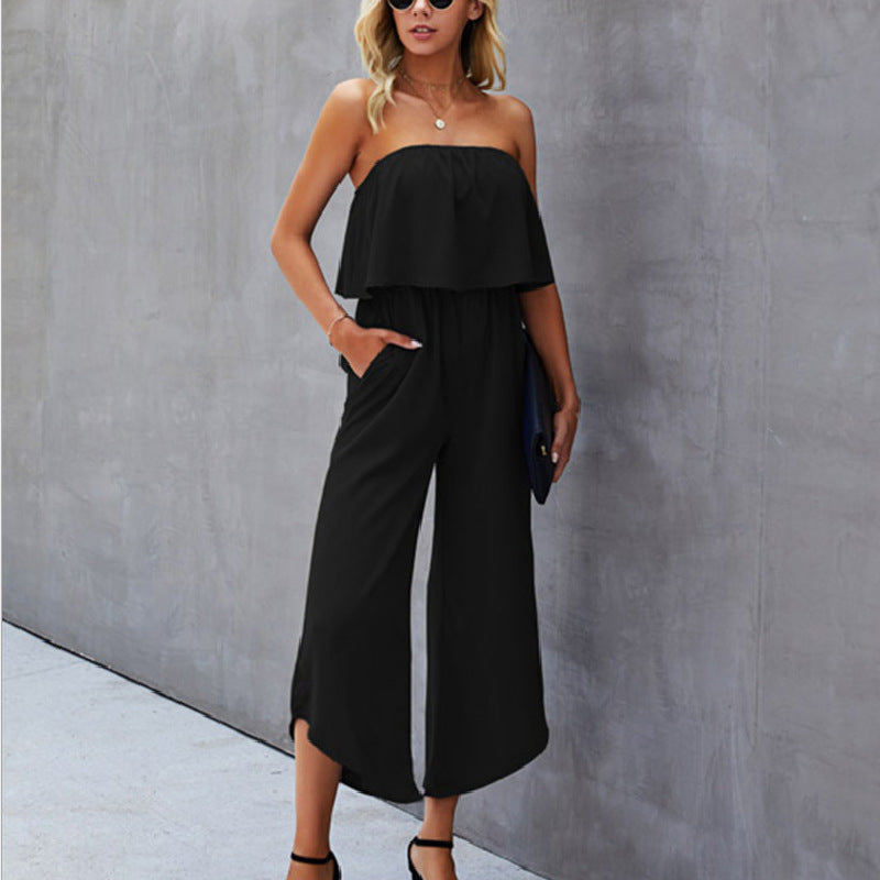 Solid Off-shoulder Straight-leg Pants Jumpsuit