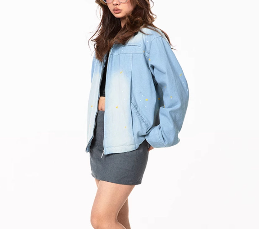 Splash Ink Color Effect Collar Washed Denim Jacket Coat