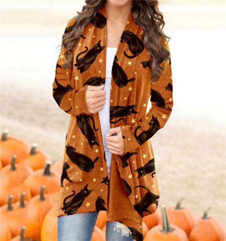 European And American Women's Halloween Elements Long-sleeved Sweater Cardigan Top