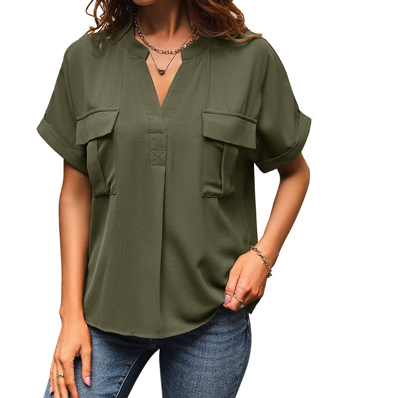 Women's European And American Solid Color And V-neck Pocket Elegant Shirt