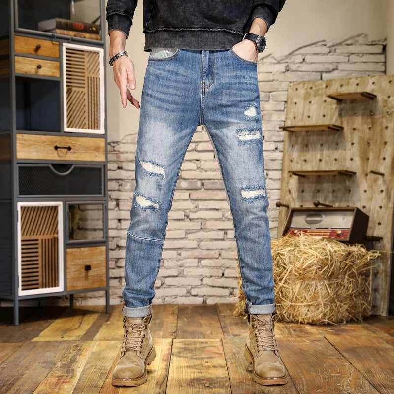 Men's Hole & Patch Contrast Color Slim Fit Straight Jeans