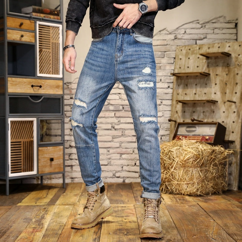 Men's Hole & Patch Contrast Color Slim Fit Straight Jeans