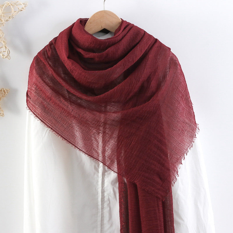 Solid Color Pleated Cotton And Linen Scarf Monochrome Women's Hair Towel Crumpled Burrs