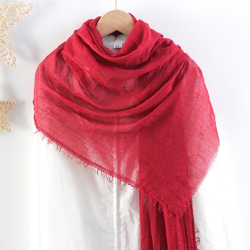 Solid Color Pleated Cotton And Linen Scarf Monochrome Women's Hair Towel Crumpled Burrs