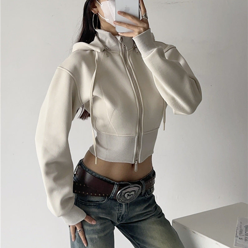 European And American Style Fleece-lined Waist Stand Collar Detachable Hooded Zipper Sweatshirt