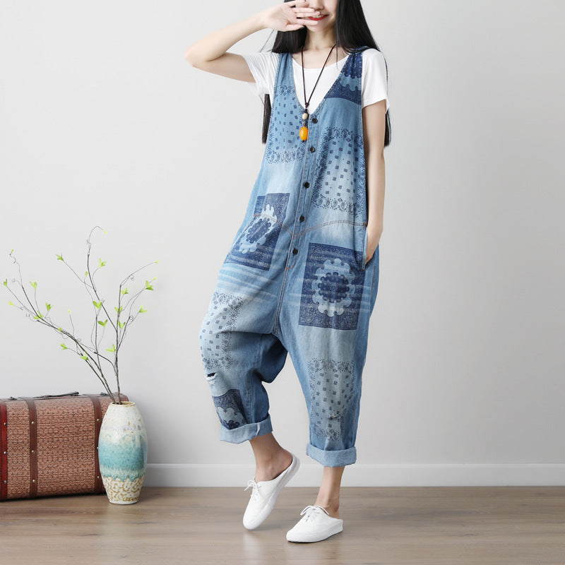 Sleeveless Washed Printed Plus Size Ripped Denim Suspender Pants