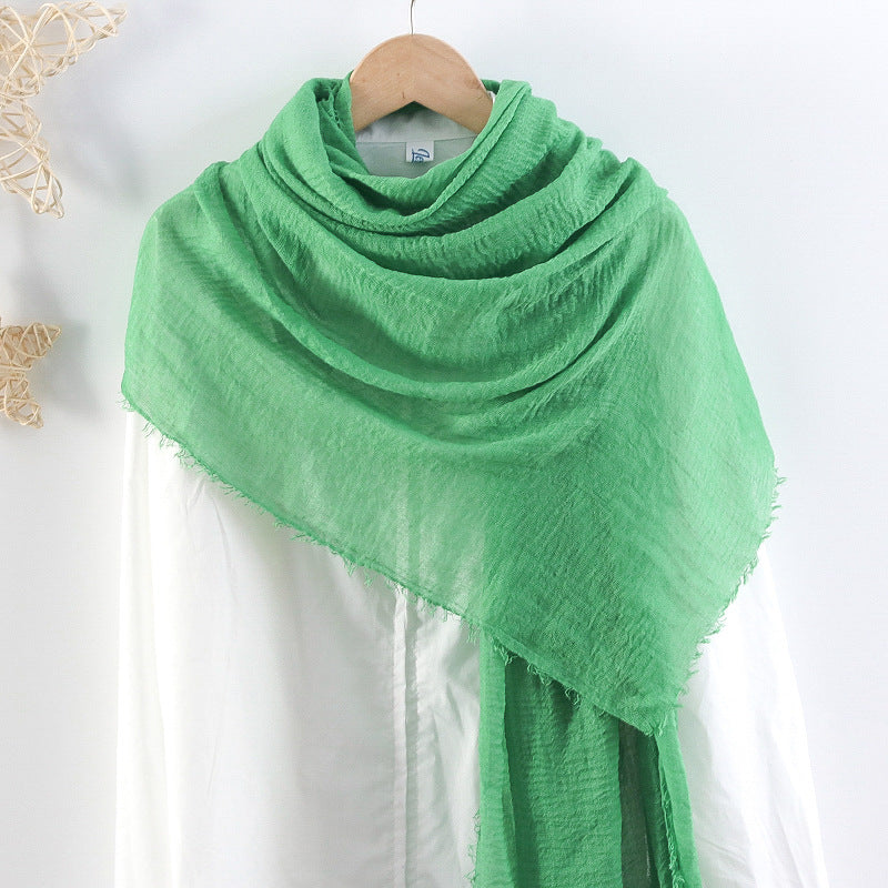 Solid Color Pleated Cotton And Linen Scarf Monochrome Women's Hair Towel Crumpled Burrs