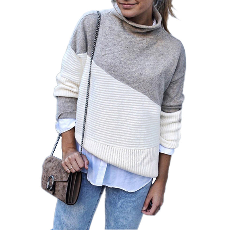 Irregular sleeves curled half-high collar contrast color pullover sweater