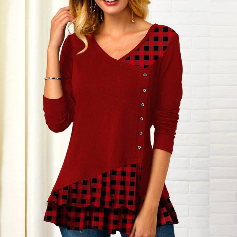 Women's new long-sleeved plaid irregular stitching T-shirts