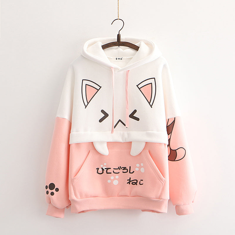 Ladies Cat Stitching Contrast Color Plus Fleece Hooded Sweater