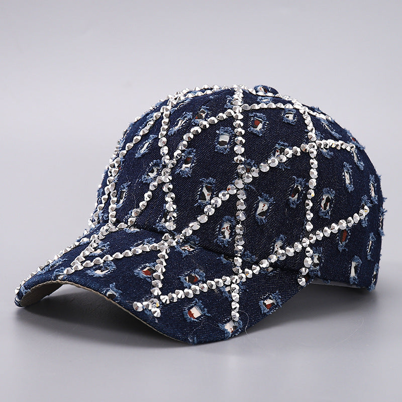 Ripped Diamond Denim Baseball Cap Leopard Rhinestone Fashion Peaked Cap