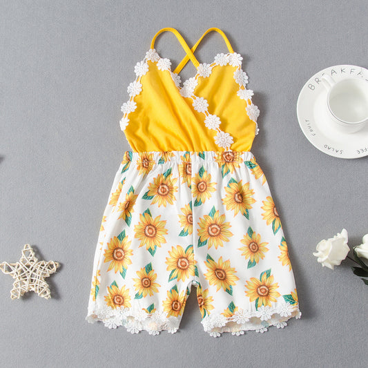 Sunflower Print halter Romper Toddler Girl