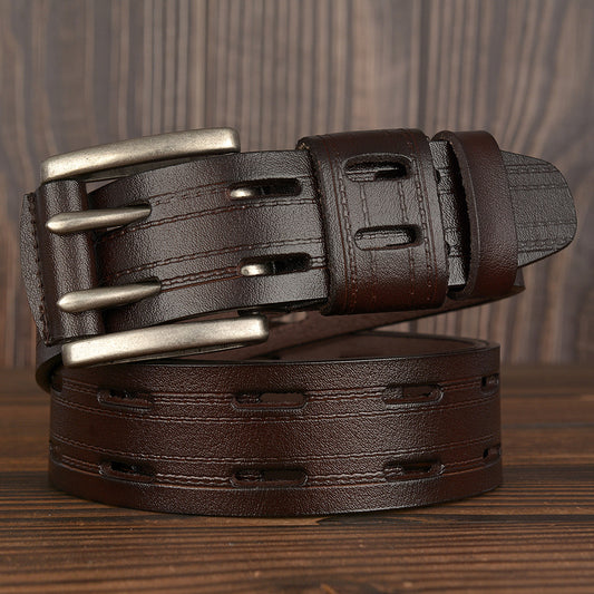 Double Pin Buckle Men's Leather Belt Personal Leisure Jeans Strap