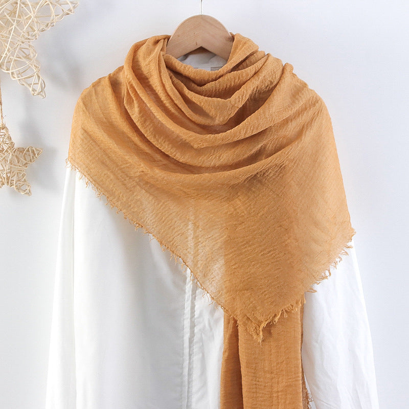 Solid Color Pleated Cotton And Linen Scarf Monochrome Women's Hair Towel Crumpled Burrs