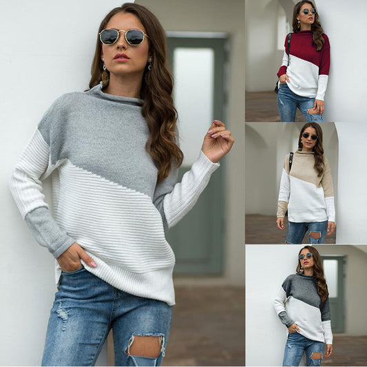 Irregular sleeves curled half-high collar contrast color pullover sweater