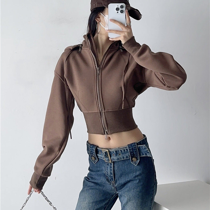 European And American Style Fleece-lined Waist Stand Collar Detachable Hooded Zipper Sweatshirt