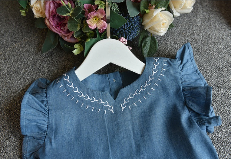 Summer Korean Children's Wear Girls Cowboy Embroidered Solid Color Princess Dress