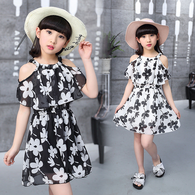 Girls Korean Sling Dress Childrens Flower Chiffon Dress