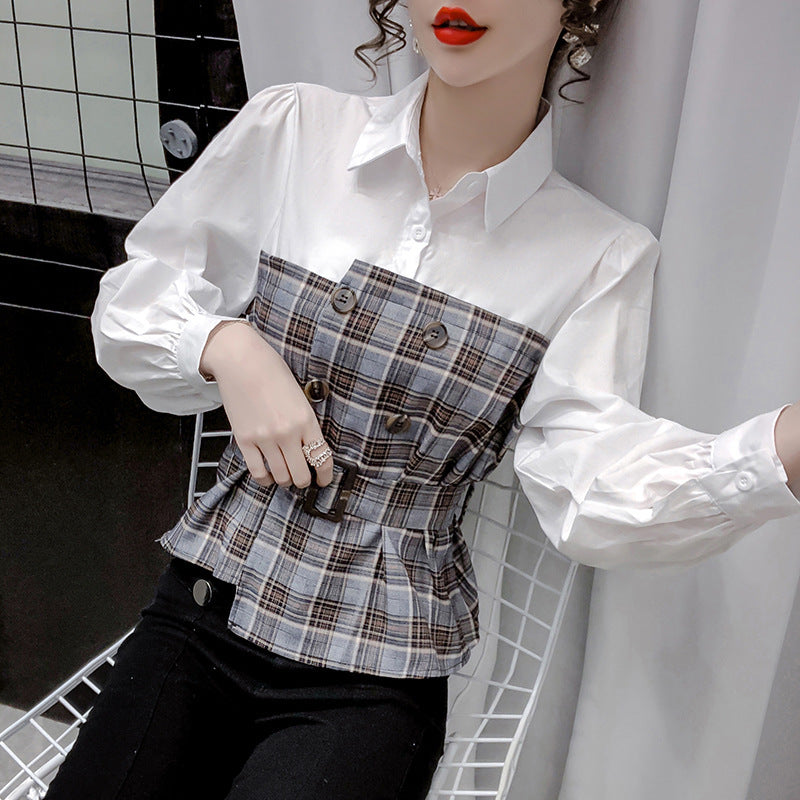 Women s Fake Two Piece Blouse With Plaid Shirt