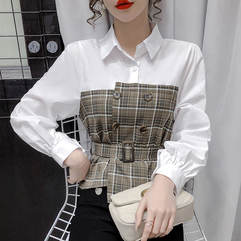 Women s Fake Two Piece Blouse With Plaid Shirt