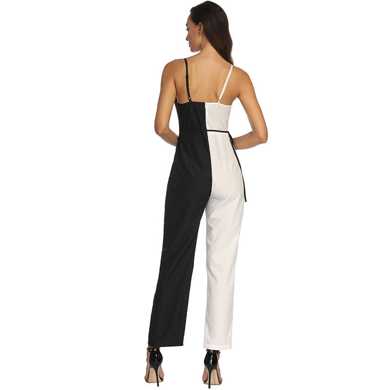 Fashion Black and White Color Matching European And American Sexy Suspender Jumpsuit Trousers