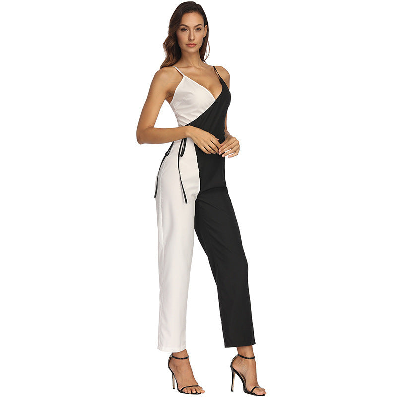 Fashion Black and White Color Matching European And American Sexy Suspender Jumpsuit Trousers