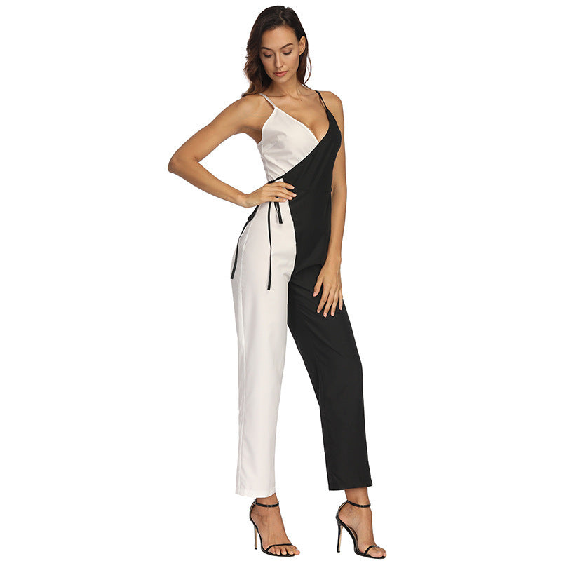 Fashion Black and White Color Matching European And American Sexy Suspender Jumpsuit Trousers