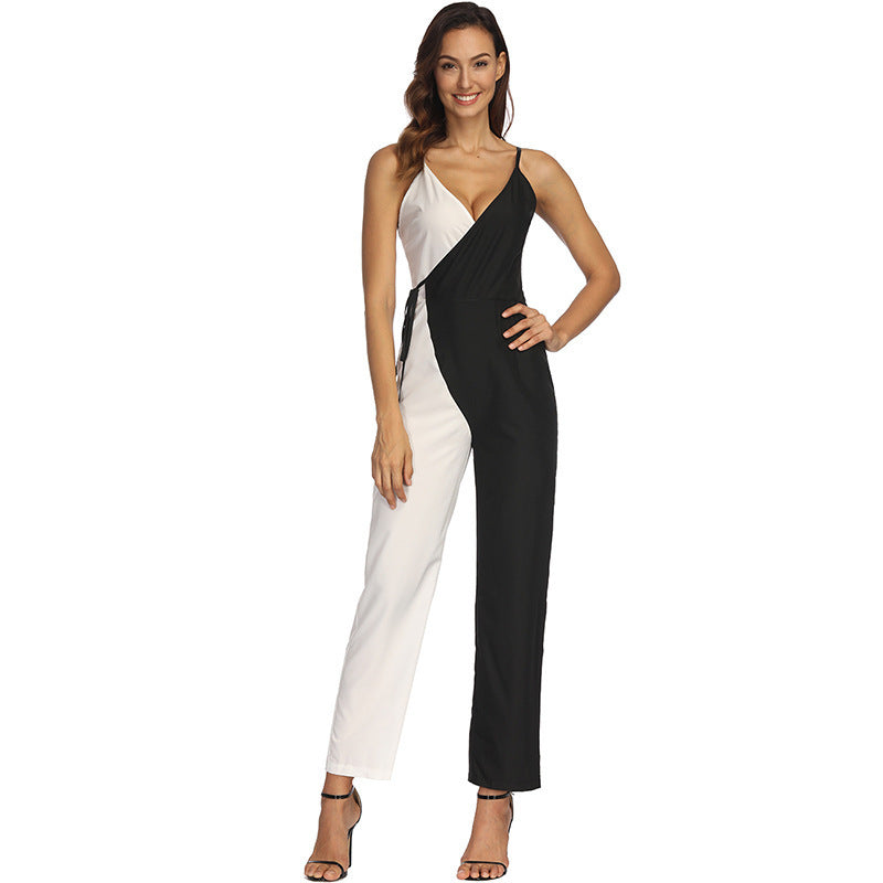 Fashion Black and White Color Matching European And American Sexy Suspender Jumpsuit Trousers