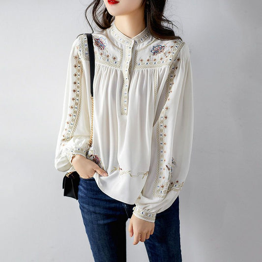 Printed Shirt Women Retro Bohemian Style Lantern Sleeve T-shirt