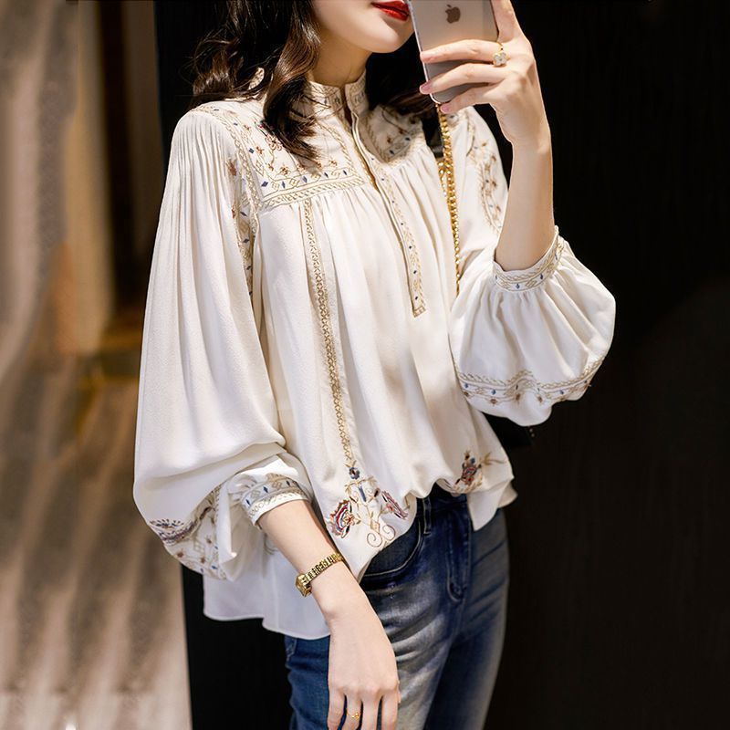 Printed Shirt Women Retro Bohemian Style Lantern Sleeve T-shirt