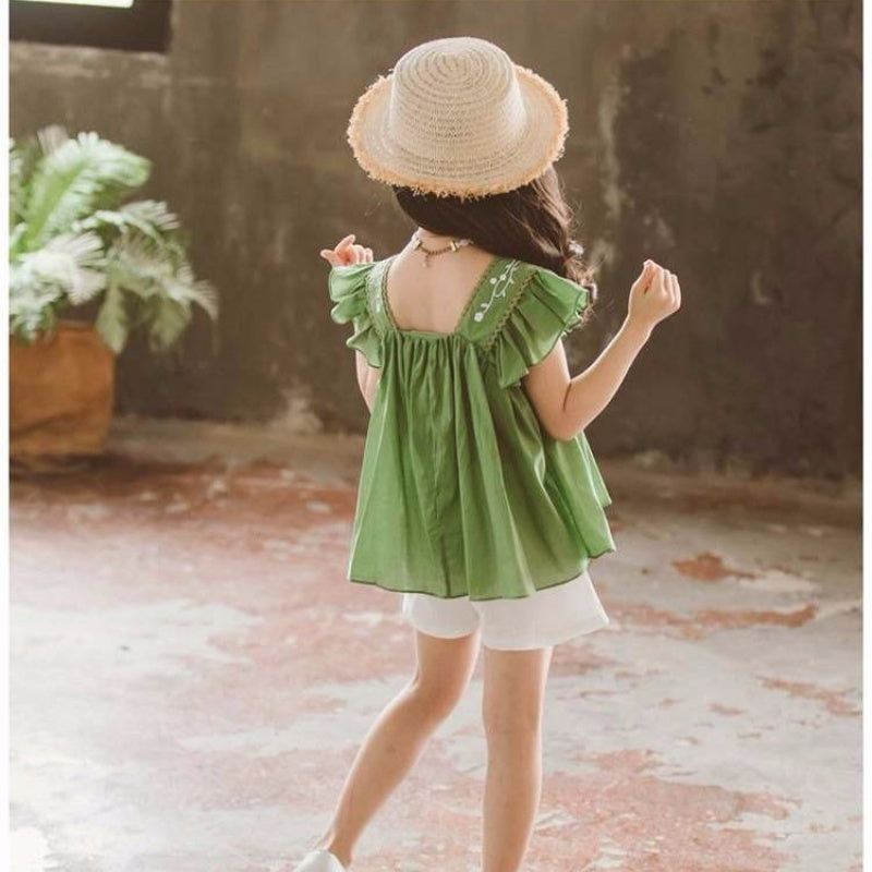 Girls Summer New Style Little Girl Fashionable Suit Children Western Style Short-Sleeved Children's Clothing Big Girl Two-Piece Trend