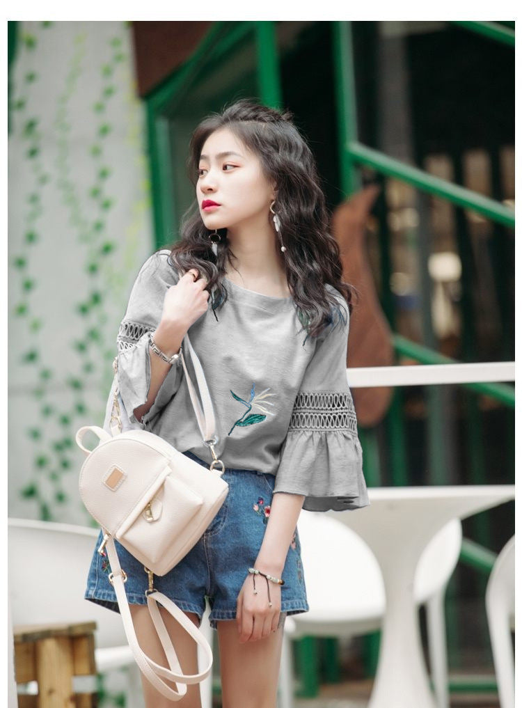 Fashion Half-Sleeved Hollow Lace Flared Sleeve Top Women Loose Short-Sleeved Bottoming T-Shirt