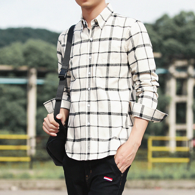 Hong Kong Style Retro Plaid Long-sleeved Shirt Men