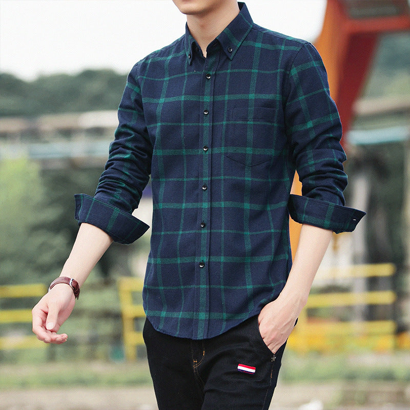 Hong Kong Style Retro Plaid Long-sleeved Shirt Men