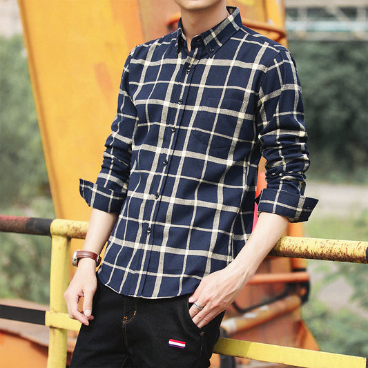 Hong Kong Style Retro Plaid Long-sleeved Shirt Men