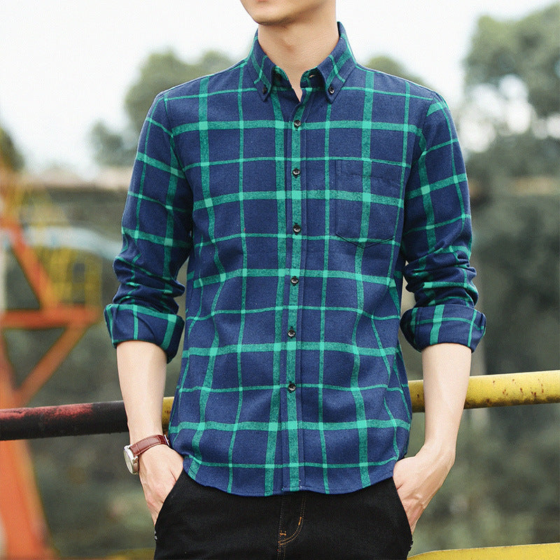 Hong Kong Style Retro Plaid Long-sleeved Shirt Men