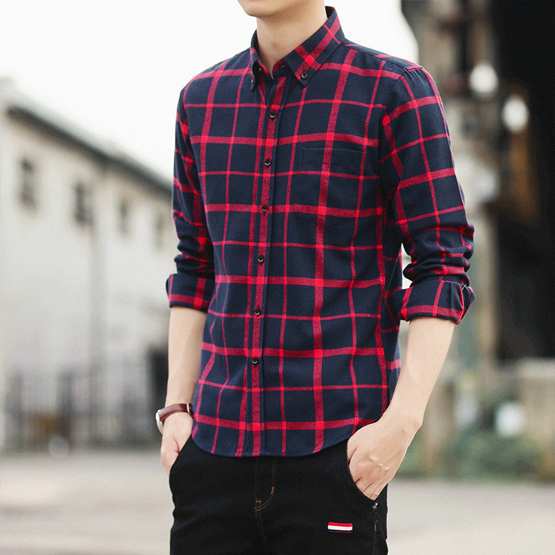 Hong Kong Style Retro Plaid Long-sleeved Shirt Men