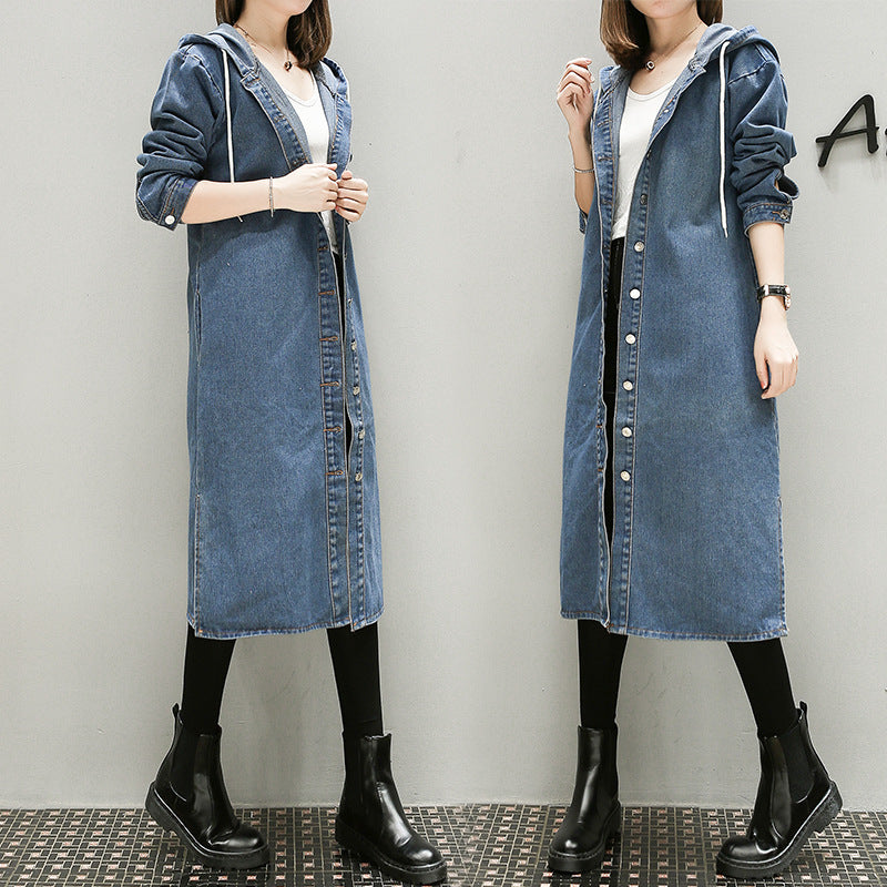 Thin Denim Trench Coat With Hood