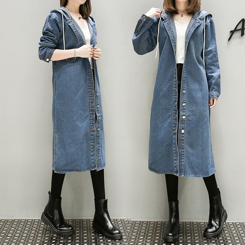 Thin Denim Trench Coat With Hood