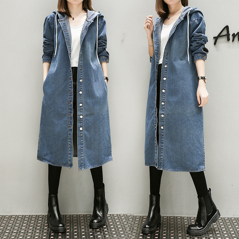 Thin Denim Trench Coat With Hood