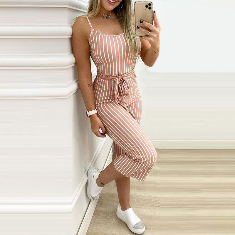 Women'S Stand-Alone Stand New  Striped Sling One-Piece Trousers Belt Without Positioning Printing