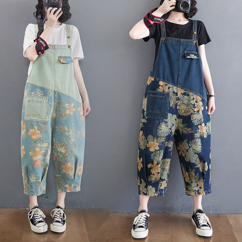 Casual Plus Size Denim Overalls Women'S Printed Stitching Harem Pants