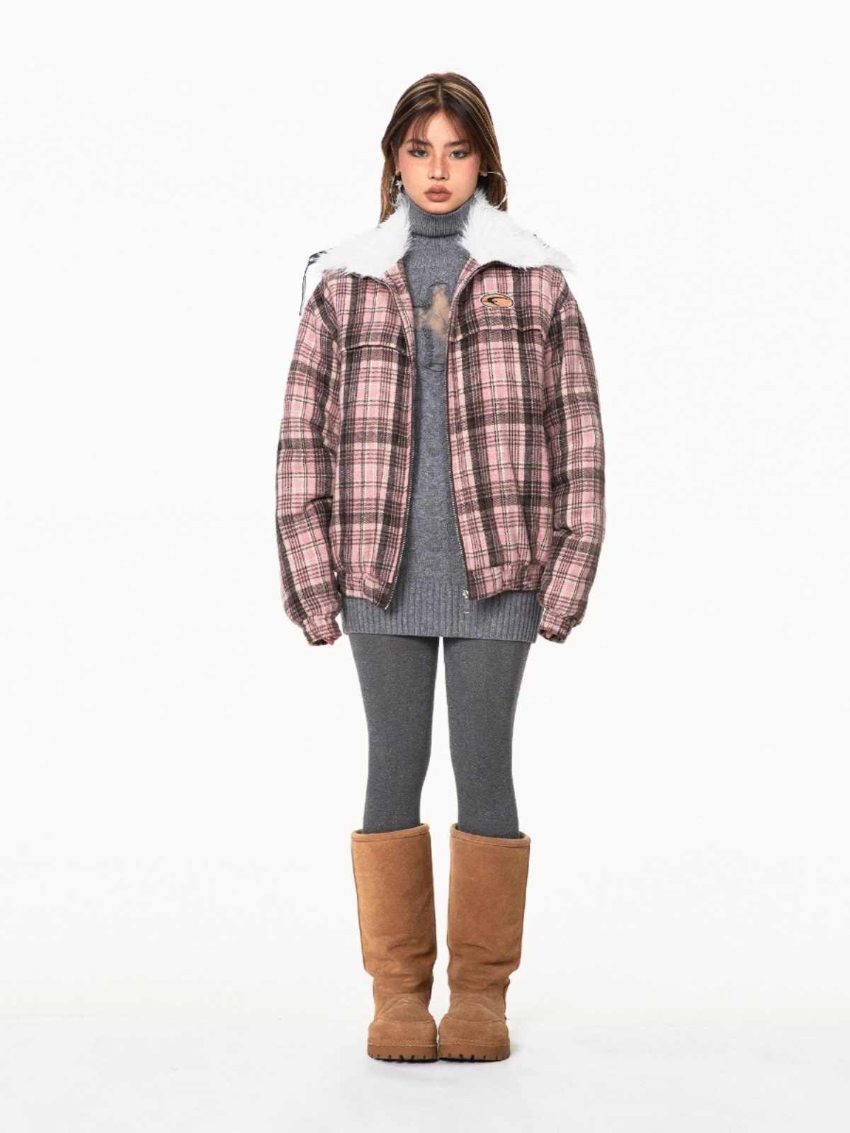 Retro Plaid Fur Collar Age-reducing Gray Loose All-match Design Cotton-padded Coat