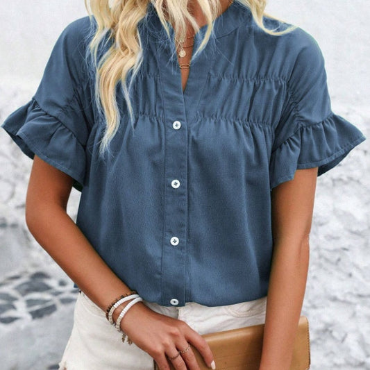 Women's Fashionable Simple Solid-Color Shirt, Perfect For Daily Summer Wear,Short Sleeve Tops