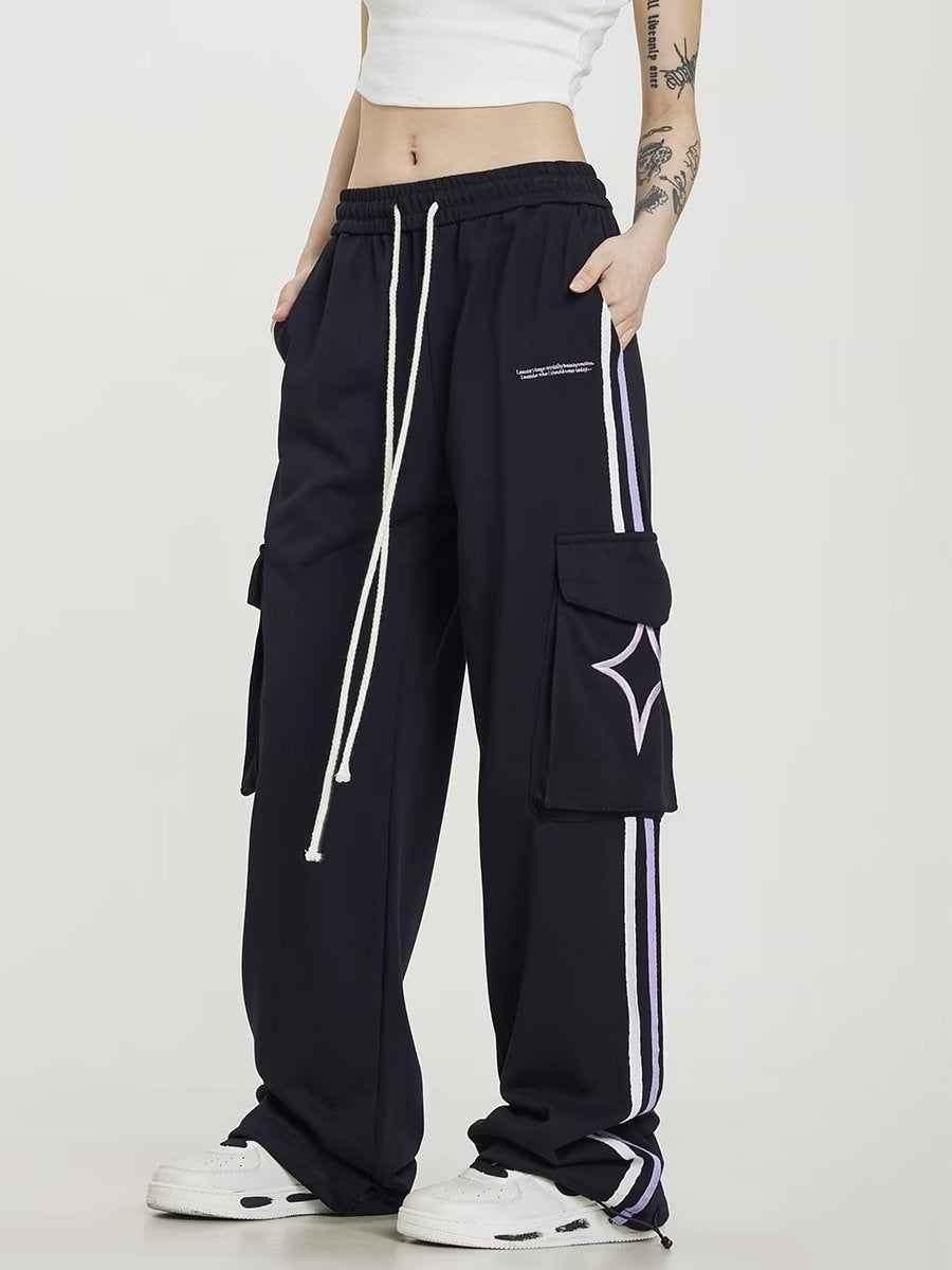 Embroidered Striped Cotton Cover Silk Sweatpants Men And Women Loose