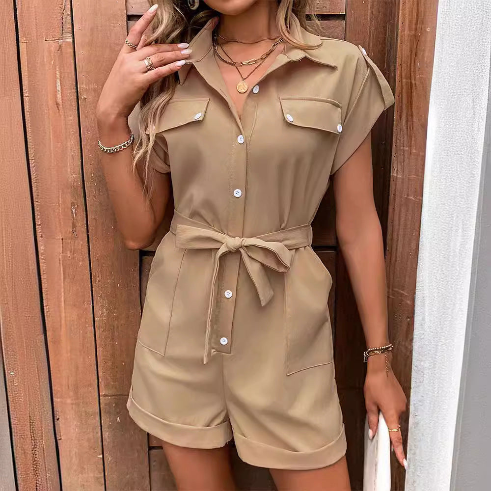 Summer Commute Pocket Tied High Waist Lapel Jumpsuit