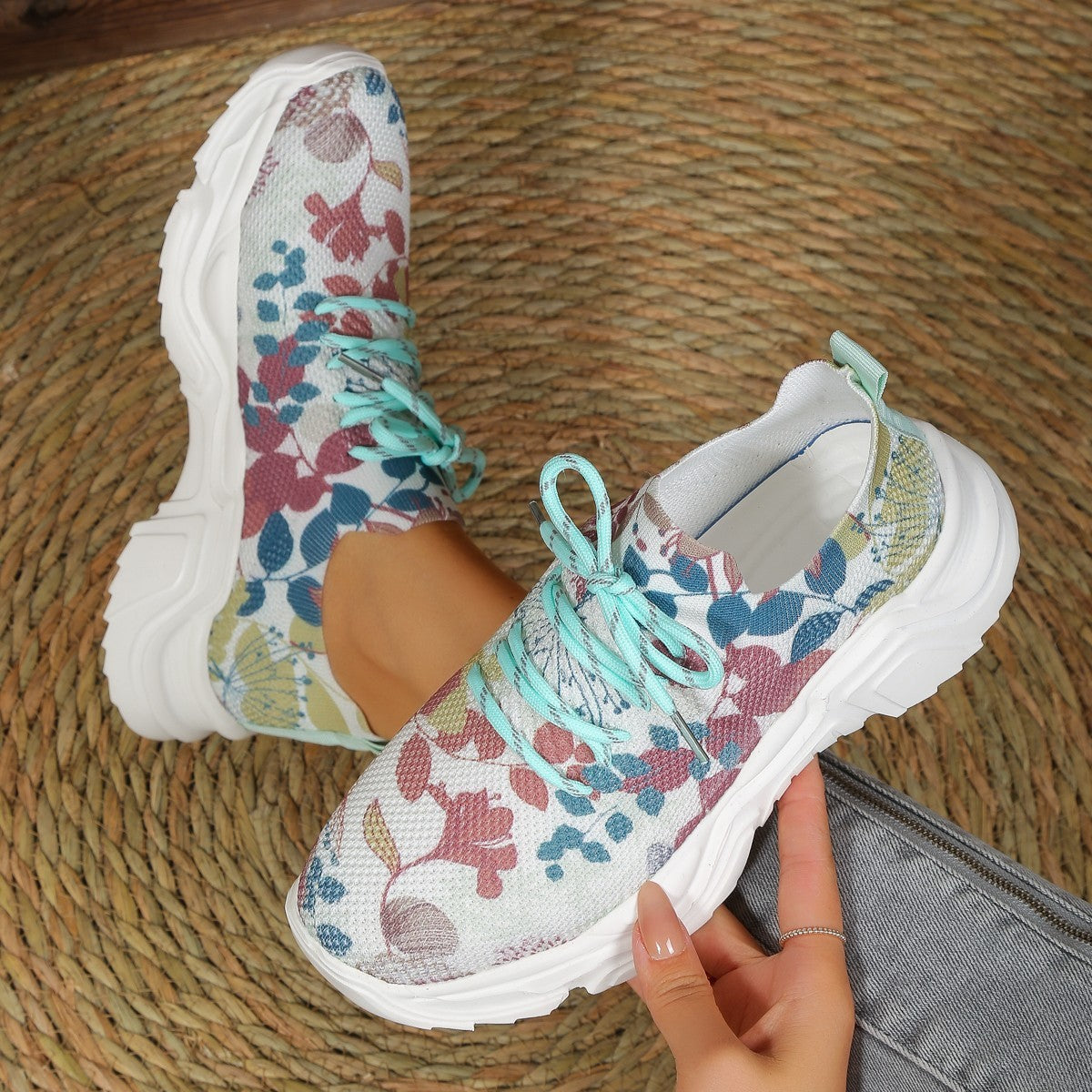 Flyknit Casual New Running 3D Printed Flowers Slip-on Light Running Shoes