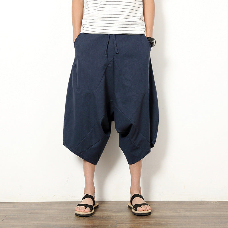 Men's Casual Retro Solid Color Cotton And Linen Lantern Pants