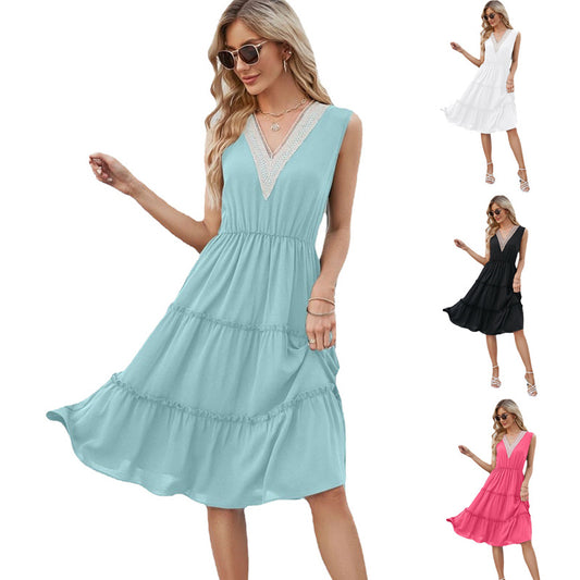 V-neck Dresses Women Sleeveless Pleated Ruffle Elegant Dress Beach Summer