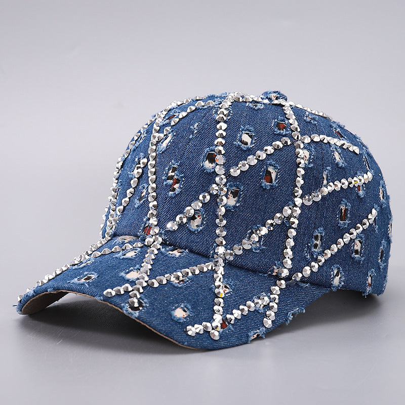 Ripped Diamond Denim Baseball Cap Leopard Rhinestone Fashion Peaked Cap